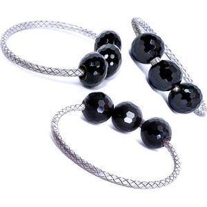 BOTTEGA VENETA Triple Onyx Bead Intrecciato Sterling Silver Bangle Bracelet